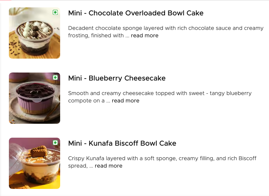 Mini cakes from Ghar Se Cafe including Mini Chocolate Overloaded Bowl Cake, Mini Blueberry Cheesecake, and Mini Biscoff Dream Cake